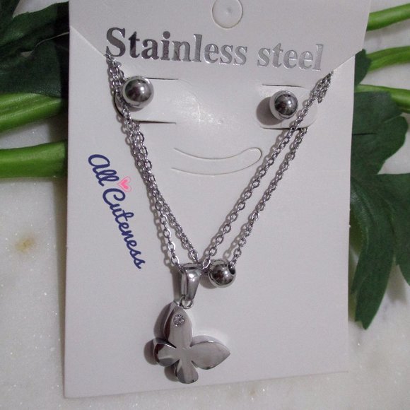 Stainless Steel Butterfly Necklace with Earrings - Picture 1 of 2